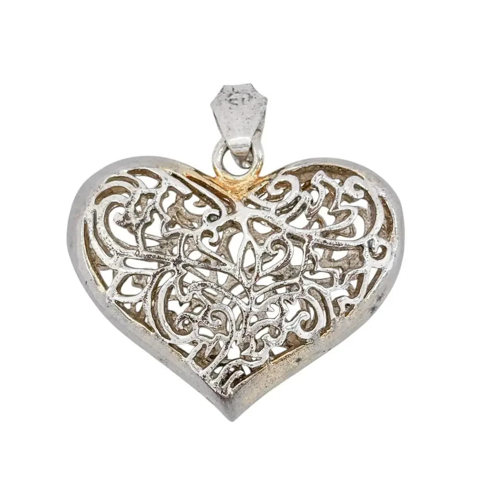 Vintage Sterling Silver 925 Puffy Filigree Heart Pendant